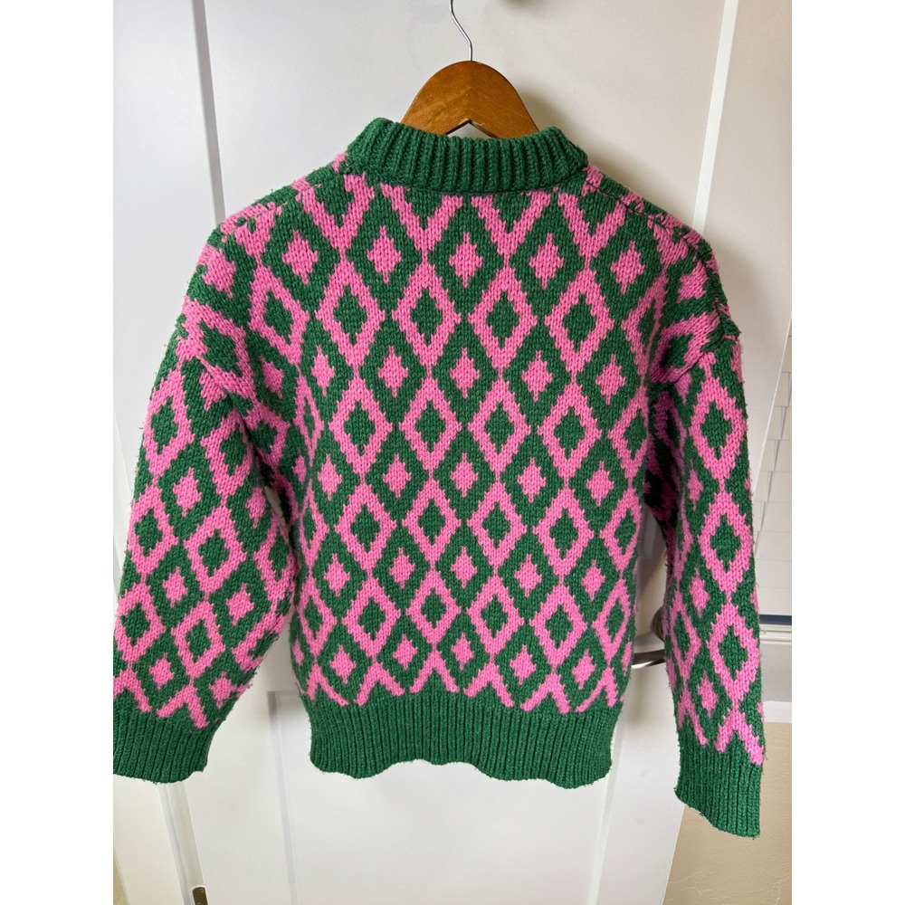 Jakke AMMA Recycled Green Pink Diamond Argyle Mock Neck Knit Sweater Size 2 - Picture 7 of 9